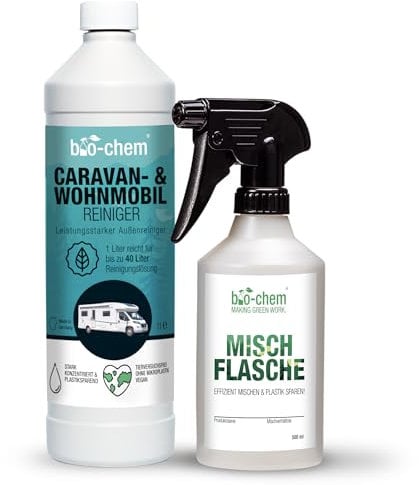 bio-chem Caravan- und Wohnmobil-Reiniger - Extra starkes Konzentrat - 1000 ml + Handspray-Mischflasche - Reiniger für Wohnmobile, Wohnwagen, Vorzelte, Regenstreifenentferner - Made in DE