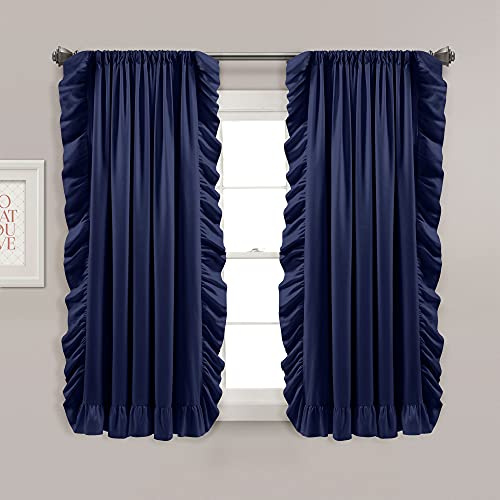 Lush Decor Reyna Ruffle Window Curtain Panel Set, Pair, 54 W x 63 L, Navy - Flowy Curtain Set - Romantic Ruffle Curtains for Bedroom, Living room, or Dining Room - Farmhouse & Cottage Home Decor