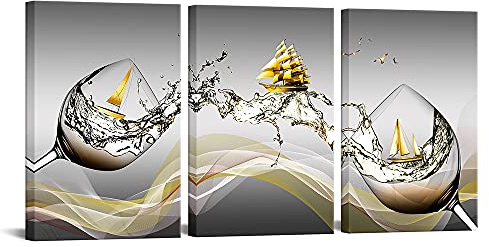 VANSEEING 3 Pieces Modern Canvas Wall Art Wine Splash in Glass Painting Picture Sail Boat in Red Wine Cup Canvas Prints Gallery Wrap Home Kitchen Bedrom Office Decor Ready to Hang