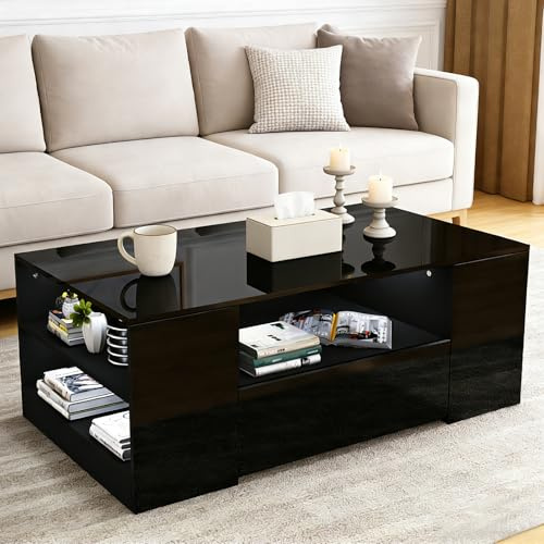 BESTWANTED Couchtisch, Rechteckiger Mitteltisch mit 2 Schubladen und 6 offenen Regalen, Schwarz Glanz, 95 x 55 x 37 cm