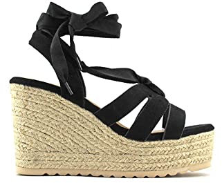 MODELISA - Sandalia Alpargata Cuña Plataforma Con Cordón Vestir Mujer (Negro, numeric_37)