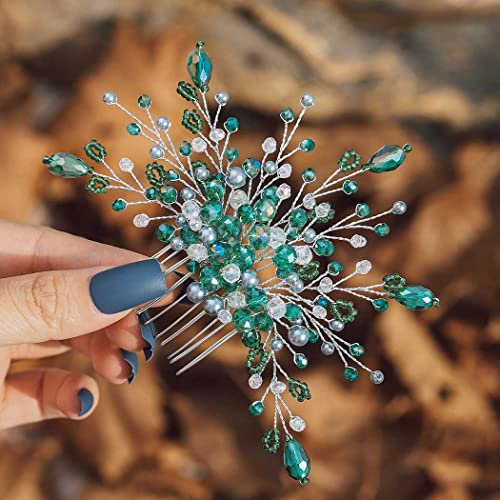 IYOU Brautschmuck Hochzeit Haarkamm Grün Strass Kopfschmuck Perlen Prinzessin Brautjungfer Haarkamm Seiten Zubehör für Frauen