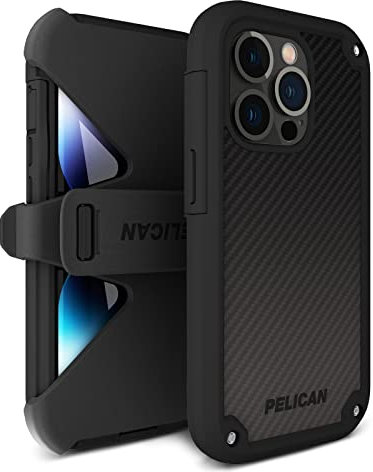 Pelican Shield Kevlar Serie – iPhone 14 Pro Hülle 6,1 Zoll [kompatibel mit MagSafe] magnetische Ladehülle mit Gürtelclip, Holster, Ständer [7,5 m, MIL-Grade Fallschutz] Abdeckung – Schwarz