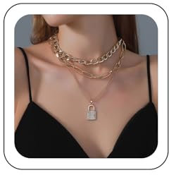 Wendalern Punk Büroklammer Kette Halskette Geschichtet Kristall Vorhängeschloss Halskette Kubanische Gliederkette Halskette Gold Vorhängeschloss Anhänger Halskette Schmuck für Frauen und Mädchen