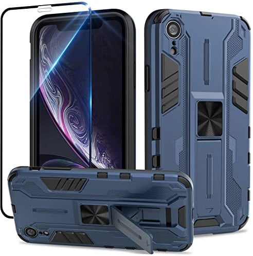 Btstring Case for iPhone XR with Screen Protector, Heavy Duty Shockproof Tough Armour Case with Stand Protective Personalised Phone Cover -Blue