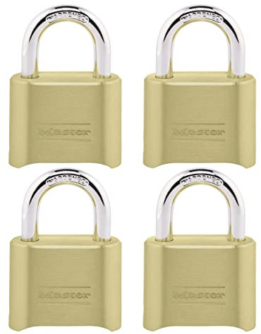Master Lock Kombinationsvorhängeschloss 175EC4, Torschloss für Außenzaun oder Schuppen, kleines Schloss mit individuell einstellbarem Code für Lagerung im Innen- oder Außenbereich, 4 Stück, Gold