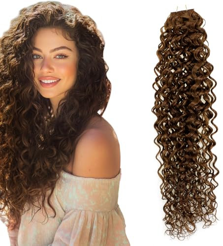 RUNATURE Tape Extensions Echthaar Locken 55cm Braun Tape in Extensions Echthaar Lockig Unsichtbare Haarverlängerung Echthaar Braun Extensions Locken Echthaar Tape 20 Stück 50g #4NW