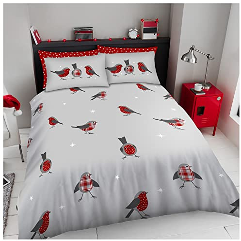 GC GAVENO CAVAILIA Robin Bird King Size Duvet Cover Set, Birds Bedding & Linen Set, Soft & Cozy Christmas Comforter Covers, Grey