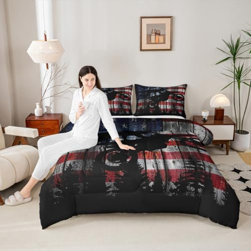Homewish Bettwäsche-Set mit amerikanischer Flagge, Queen-Size-Größe, Jungen, Dirt Bike, Rennen, Motocross, Fahrer, Bettwäsche-Set, Kinder, Teenager, Männer, rustikales Bauernhaus, Holz,