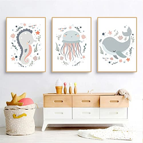 Sarah Duke 3er Kinder Poster Set, Seepferdchen Quallen Wale Kinderzimmer Deko Bilder, Cartoon Kinderposter Wandbilder, Ohne Rahmen Leinwand Bilder Kinder (40 x 50 cm)