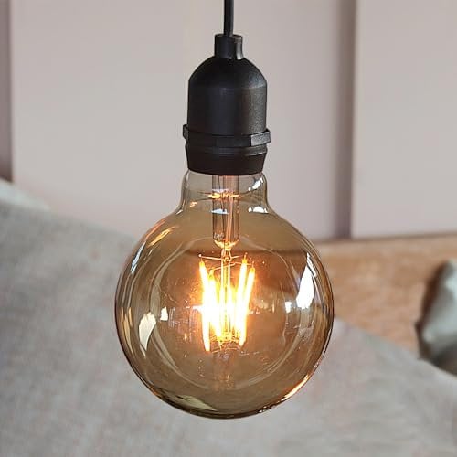 hellum Hängelampe mit Batterie und Fernbedienung outdoor, G95 Ø 9,5 x 13,7cm, goldene Glühbirne, dimmbare Retro Hängelampe mit Batterie (4xAA nicht inkl.) 150414