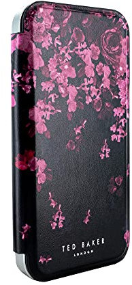 Ted Baker ANEMOY Black Flower Border Mirror Folio Phone Case for iPhone 13/14 Silver Shell