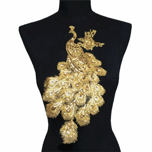 HIQIU Pailletten Feder Pfau aufnäher Stickerei Applikation Näheisen Auf Aufnäher Schimmernde Tüllaufnäher DIY zum aufnähen kleid Dekor (Gold)
