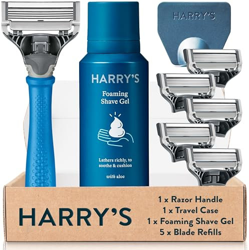 Harry's Nassrasierer für Männer - Rasier-Set mit Blauem Griff, 5 Klingen, Reise-Cover, 60ml Rasiergel