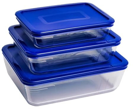 Pyrex® Cook & Freeze Set of 3 Glass Dishes with Airtight Lids (0.8 L, 1.5 L, 2.6 L) Special Freezing and Storing | BPA Free | Kitchen | Roasting |Storing (Blue - Pyrex® Cook & Freeze Set of 3)
