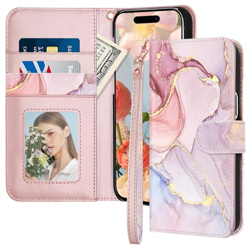 Fingic for iPhone 15 Pro Max Case Wallet[with 3 Card Holders] Rose Gold Marble PU Leather Detachable Wrist Strap Magnetic Flip Case for Women Girls Wallet Case for iPhone 15 Pro Max 5G,6.7 Inch,2023