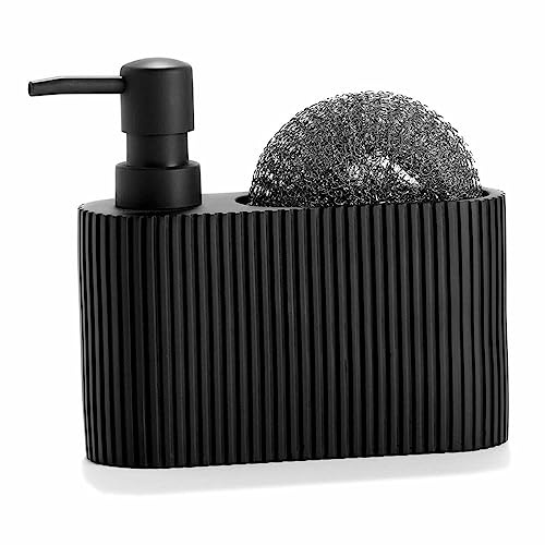 Andrea House 2-in-1-Seifenspender für Spüle CC71087, Schwarz, Harz, Scheuerschwamm, 16,5 x 5,5 x 15 cm, 300 ml