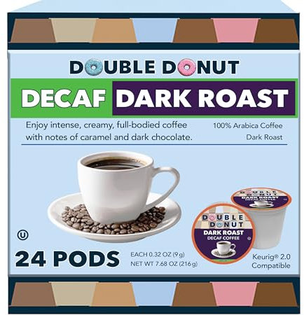 Double Donut Decaf Dark Roast Coffee Pods, Extra Bold Blend Coffee, Single Serve Coffee For Keurig K Cups Machines, Decaf Dark Roast Coffee in Recyclable Capsules, Pack of 24