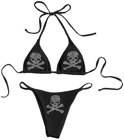 JasmyGirls Damen Totenkopf Muster Triangel Tanga Sexy 2 Stück Bikini Badeanzug Festival Rave Outfits Strass BH Top