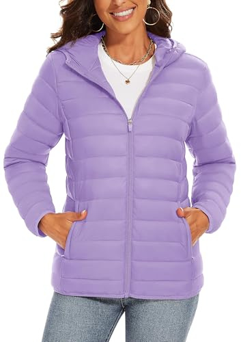 TAVCASEN Ladies Puffer Jacket Thermal Padded Coats Outdoor Waterproof Warm Quilted Jacket for Trekking Climbing,Light Purple,M