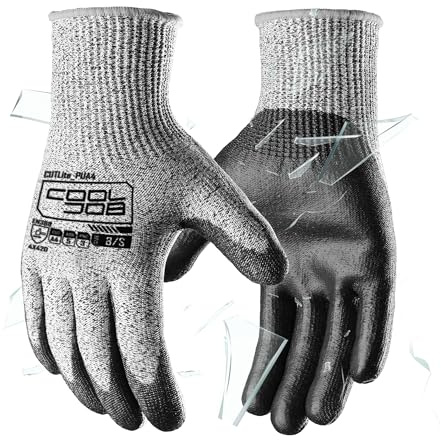 COOLJOB 12/120 Pairs A4 Cut Resistant Safety Work Gloves with Grip, Breathable & Lightweight Polyurethane PU Coated Protective Gloves for Wood Carving, Glass Handling, Mechanic Work, Gray Large