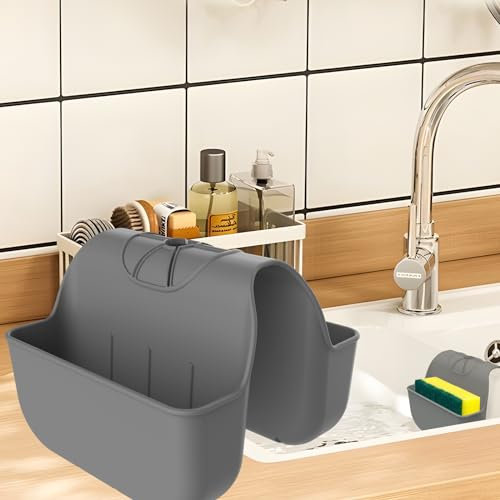 Sponge Holder for Kitchen Sink, Silicone Sink Saddle Caddy Organizer Rack, Sponges Holder Over Faucet, Hanging Kitchen Sink Organizer Accessories Rack Basket - Dark Gray