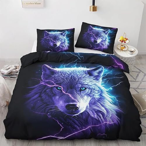 MLUNKQAIL Bettbezug 155x220 Blitz Bettwäsche Wolf Weich Atmungsaktiv Bettwäsche Set Mikrofaser Bettbezüge und 2 Kissenbezüge 80x80 cm mit Reißverschluss für Ganzjaehrig