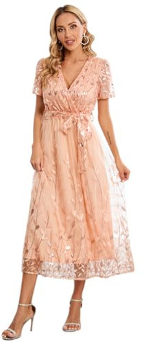 Odizli Abendkleid Elegant für Hochzeit Damen Kurzarm V-Ausschnitt Wickelkleid Glitzer Pailletten Blätter Stickerei Mesh Tüllkleid Festlich Hochzeitsgast Lang Ballkleider Midikleid Sommerkleid Rosa L
