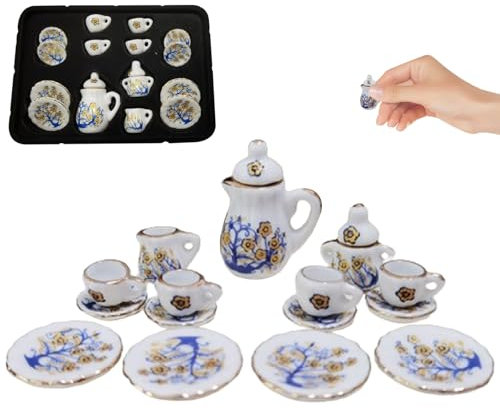 Juego de té pequeño,Juego de té en Miniatura a Escala de 15 Piezas 1:12,Tazas de té de Porcelana,Tetera,Platos,Juego de té de casa de muñecas de caléndula para la casa de muñecas Estilo de Cocina 2