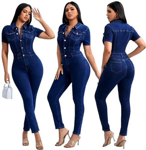 KWTF Sexy dehnbarer kurzärmeliger Bodycon-Jeans-Overall, Denim-Playsuit, Skinny, volle Länge, lange Jumpsuits für Damen