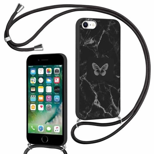 ZhuoFan Handykette für iPhone 8/7/iPhone SE 2022/2020 Hülle mit Band, Aesthetic Schmetterling Marmor Muster Verstellbarer Halskette Handyhülle mit Kordel Schwarz Silikon Stoßfest Schutzhülle Kette