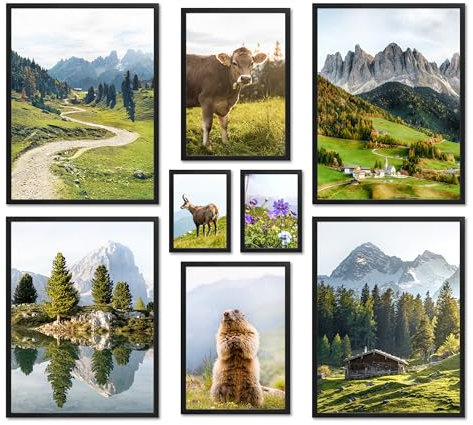 ARTFAVES® Poster Set - In den Bergen - mehrteilige Wanddeko Wohnzimmer & Schlafzimmer - 8 moderne Wandbilder Frühlingsdeko, Frühling Deko, Wandern, Alpen - mit Rahmen Schwarz