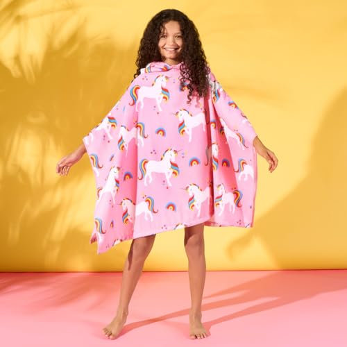 DREAMSCENE Poncho Handtücher für Kinder, rosa Einhorn-Mädchen, Kinder-Wickelhandtuch für Schwimmen, Strand, Pool, Kinder-Wickelmantel, Kapuzenhandtuch, leicht, übergroß, Sichtschutz, Einheitsgröße