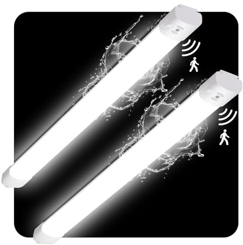 Oraymin 2er Led Feuchtraumleuchte mit Bewegungsmelder 60CM, 20W 2200LM Led Röhre, IP65 Wasserfest Deckenlampe Kellerlampe Werkstattlampe für Garage Keller Feuchtraum Bad Büro, Neutralweiß 4000K