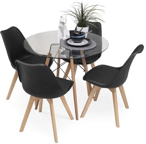 Homely - Conjunto de Comedor Tower 100 Day Cristal Mesa de Cristal Redonda de 100 cm y 4 sillas Day (Negro)