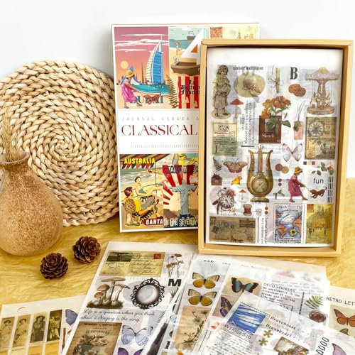 Ptyism 1610 Vintage Scrapbooking Supplies kit,Scrapbooking Sticker丨Scrapbook Zubehör Vintage,Bullet Journal Sticker für Scrapbooking, Bullet Journal Zubehör, Papierbasteleien etc.