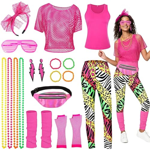 Déguisement Année 80 Femme, Deguisement Disco Femme Accessoire avec T-shirt Resille, Legging, Sac Banane, Colliers, Bracelets, Gants, Tenue Annee 80 pour Cosplay Carnaval Bal Masqué
