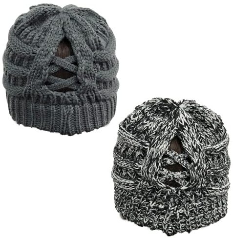 TMTGTS Weiche Brötchen WinterMütze Damen Pferdeschwanz Messy Bun Beanie Tail Knit Slouchy Hat Warme Stretch Zöpfen Loch Loop Slouch Strickmütze für Damen Mädchen Langen Haaren Zwei Stücke(6#)