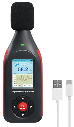 Decibel Meter Digital Sound Level Reader,Data Logger Sound Decibel Meter with 43,000 Data Record Function, 3-Color Alarm, A/C Frequency&DC Output, 30-130dB Portable Noise Meter for Home, Factory