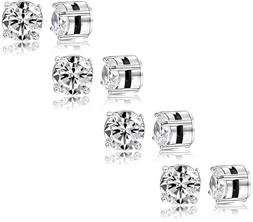 Favson Magnet Ohrringe Herren & Damen, 4 Paare, Kein Piercing, 4 Größen (5mm/6mm/7mm/8mm), Cubic Zirconia, Edelstahl Vier Krallen aus Zirkon, Ohrringe