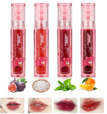 4Pcs Cute Bear Lipgloss set, Glänzender Lippenstift, Mirror Water Lip Stain, Fruchtig Lip Tint, Vivid Color Lipstick, Feuchtigkeitsspendendes Lippen für Fuller Hydratisiert Schönheit Lippen