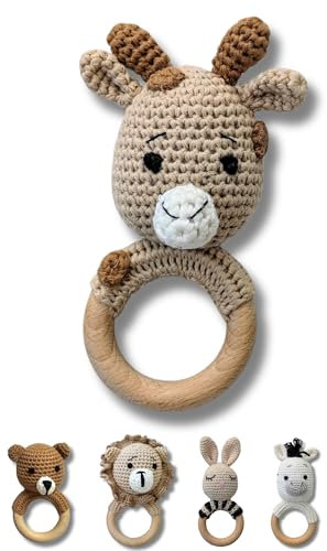 C|UTE – Babyrassel mit Namen ab 0 Monate | Greifling Baby personalisiert aus Baumwolle und Holz | Geschenk zur Geburt, Taufgeschenk Junge & Mädchen, personalisierte Geschenke (Giraffe, ohne Gravur)