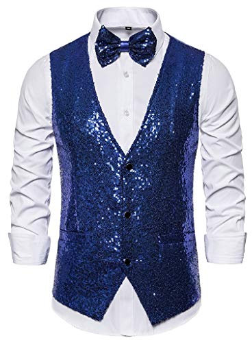 Gilet con paillettes da uomo, scollo a V, tinta unita, con brillantini, per feste e club, con papillon, senza maniche, con paillettes, giacca di carnevale, Blu, 3XL