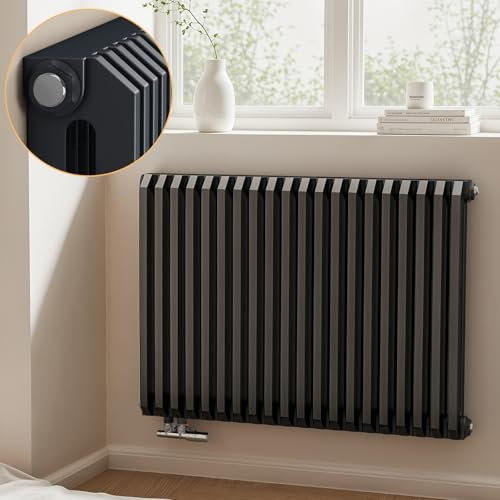 EMKE Heizkörper 60 x 84 cm, D-Form Flachheizkörper Design Heizkörper Horizontal Doppellagig Paneelheizkörper Seitenanschluss Anthrazit 1383W