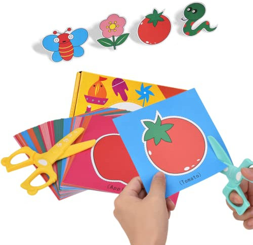 GutSache 2 Stück Kinderschere + 48 Blatt buntes Bastelpapier Für Kinder ab 2 Jahren | Bastelset für Kindergarten, Vorschule & zu Hause | Ideal als Gastgeschenk Mitgebsel