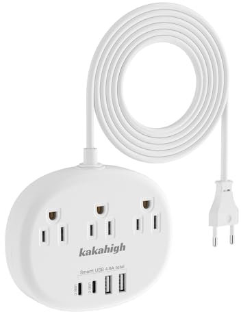 Adaptador de enchufe de viaje europeo USB C, adaptador de enchufe internacional con 3 salidas de CA y 4 puertos USB, cargador adaptador de enchufe tipo C para Estados Unidos a la mayoría de Europa