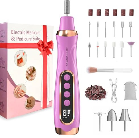 XunmotorYao Torno para Uñas Profesional 20000 RPM Lima 15 in 1 Eléctricas Uñas Torno sin Cable con Velocidad Ajustable con Pantalla LCD Kit de Manicura y Pedicur para Hogar Salón DIY,Morado