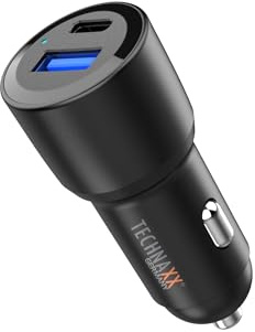 Technaxx TX-306, doppio caricabatterie per auto da 60W, adattatore per caricabatterie da 2 porte per accendisigari con uscita USB Type-C e USB-A, PD da 30 W e QC3.0, ricarica dinamica PPS