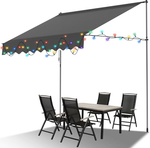 ISOISL Klemmmarkise 400 cm breit mit LED Beleuchtung, Markise ohne Bohren mit Handkurbel, UV-beständig, Sonnenschutz und Wasserdicht,Markise Balkon Anthrazit