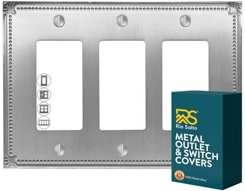Rio Salto Sunken Pearls Metal Silver Outlet Covers Light Switch Cover Plate Decorative Outlet Cover for Electrical Outlets Plug Switch Plates Grey Socket Light Switches 3-Gang Rocker Decora Decorator
